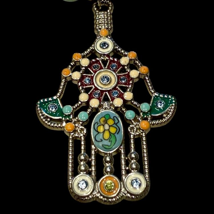 Handmade Polished Light Green Stone Bead Enamel Hamsa Pendant 2.5” Necklace 16” UV Reactive
