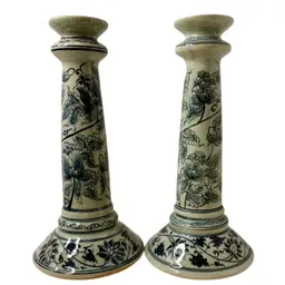 Vintage Ceramic Candle Holders, Gray with Blue Floral Design 9-5/8” T