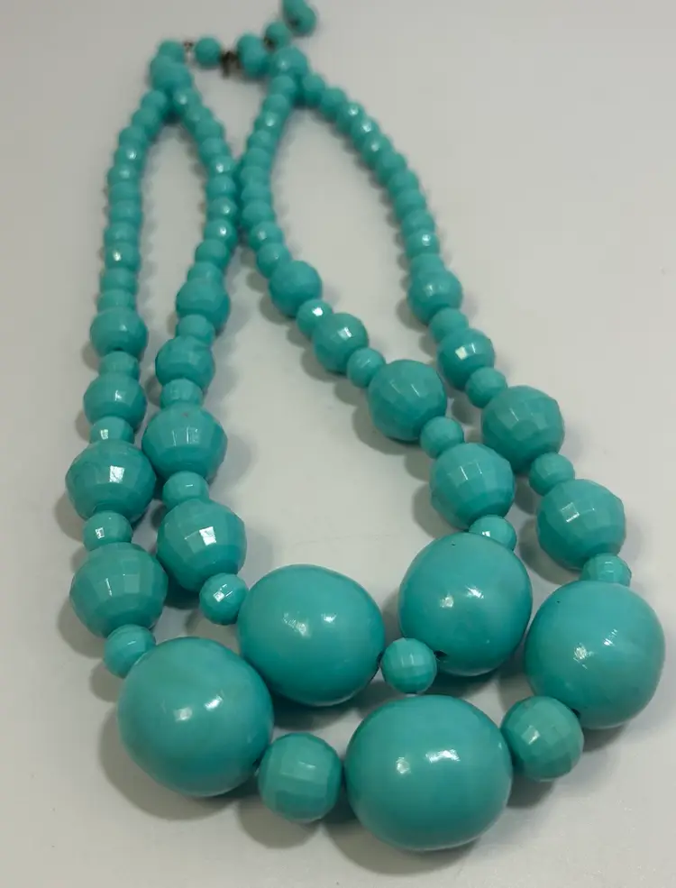Vintage Teal Blue Chunky Bead 2 Strand Necklace
