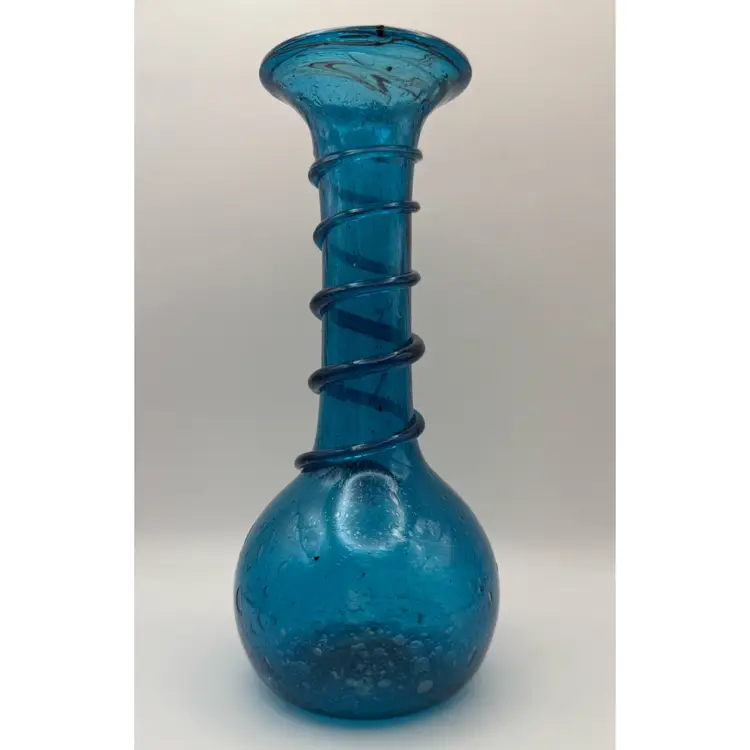 Blue And Bubbles Hand Blown Glass Snake MCM Style Vase