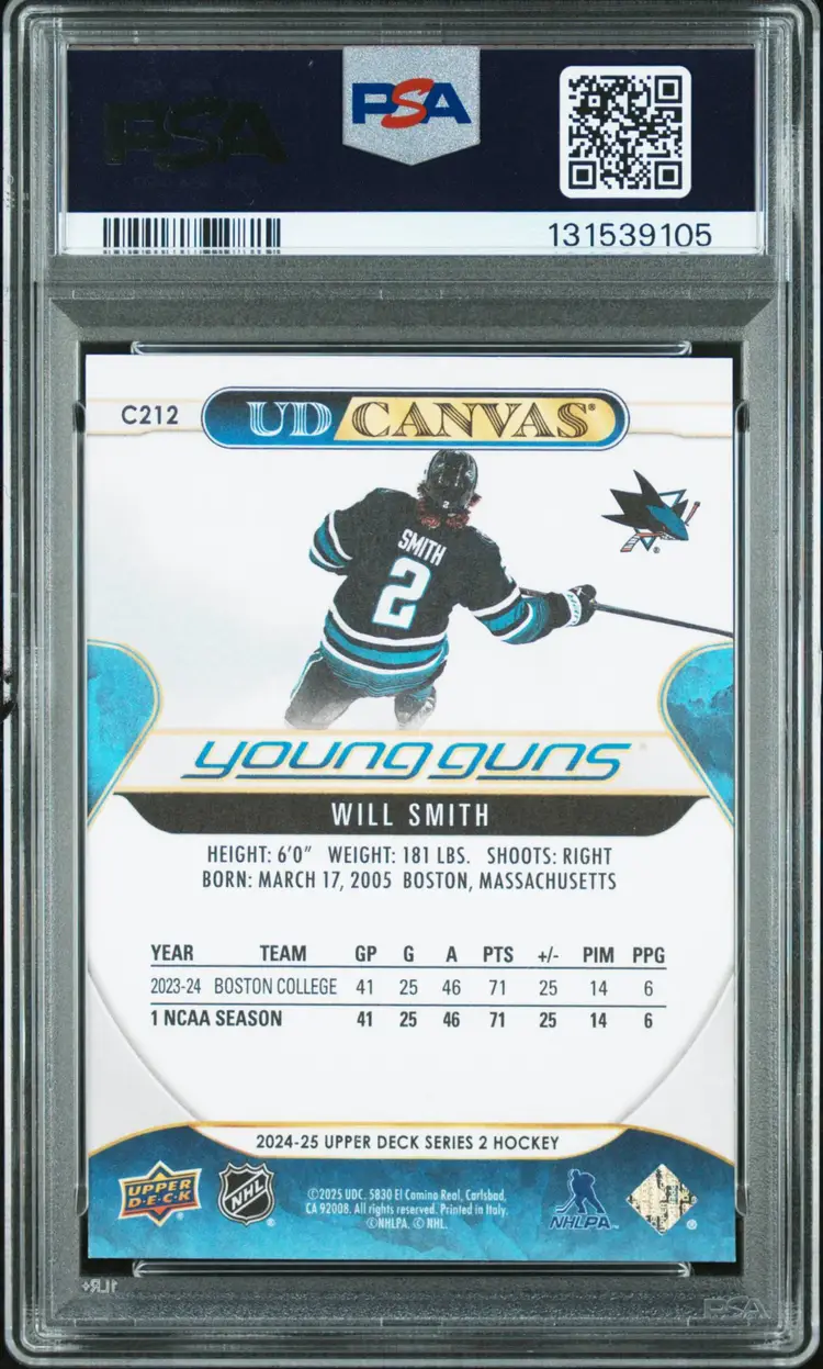 2024-25 Upper Deck Will Smith Canvas Young Guns  Graded PSA 9 (San Jose Sharks)