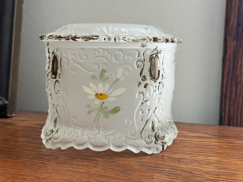 Antique Clear Frosted Glass Hand Painted Dresser Box, Trinket Box