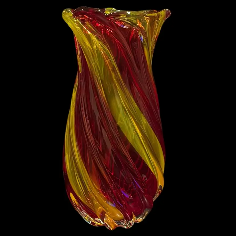 Red & Yellow Twist Blown Art Glass Vase