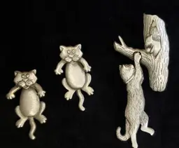 Quirky Cat Pewter Brooch and Earring Set - Circa 1980's