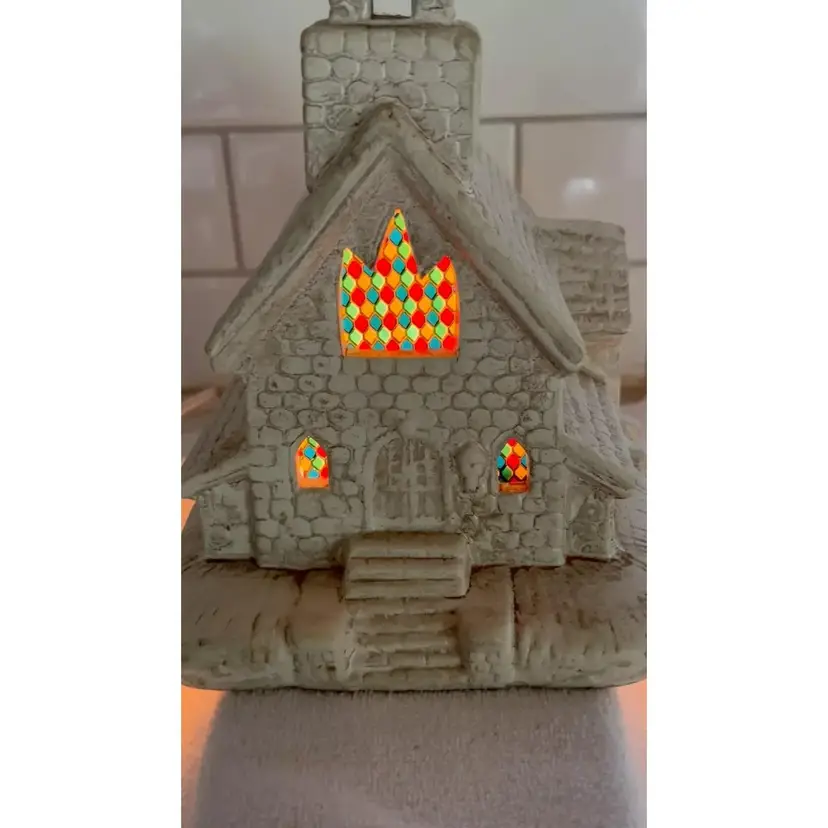 Vintage Christmas White Ceramic Church Lighted Music Box