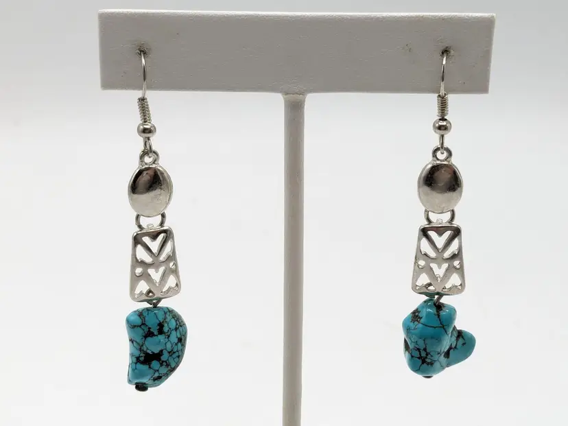 Turquoise Silver Tone Dangle Pierced Earrings Hearts