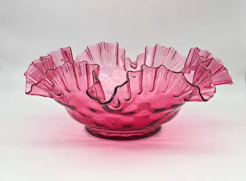Large Fenton Cranberry Diamond Optic Console Bowl 13" Marked