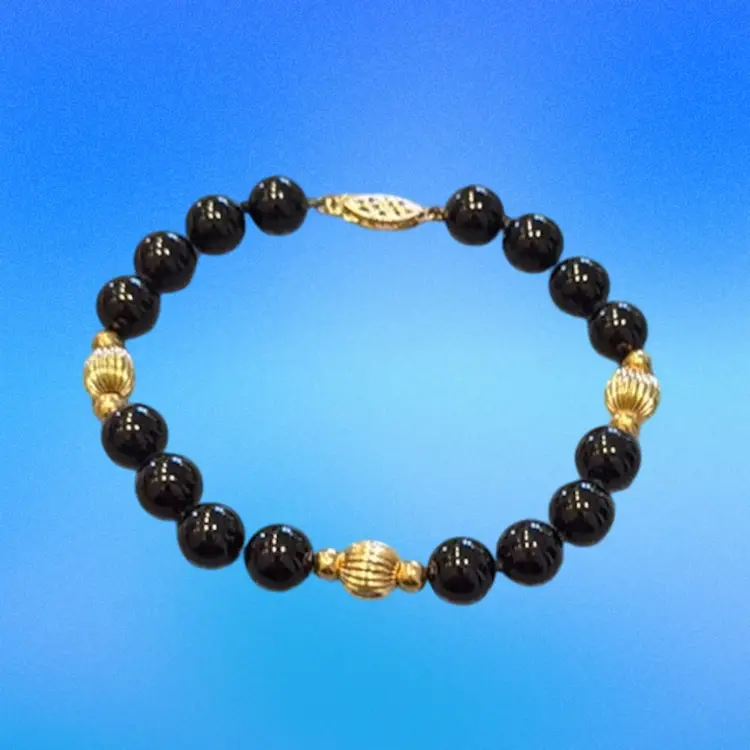 Vintage Estate Solid 14K & Black Onyx Bead Bracelet, 7.5”