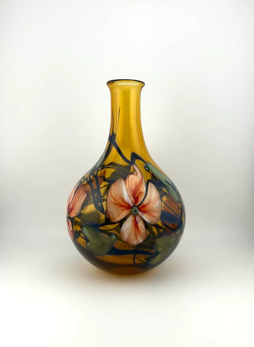 Vintage 1981 Charles Lotton Multi Flora Sunset Amber Glass Vase 5.25”x 8”