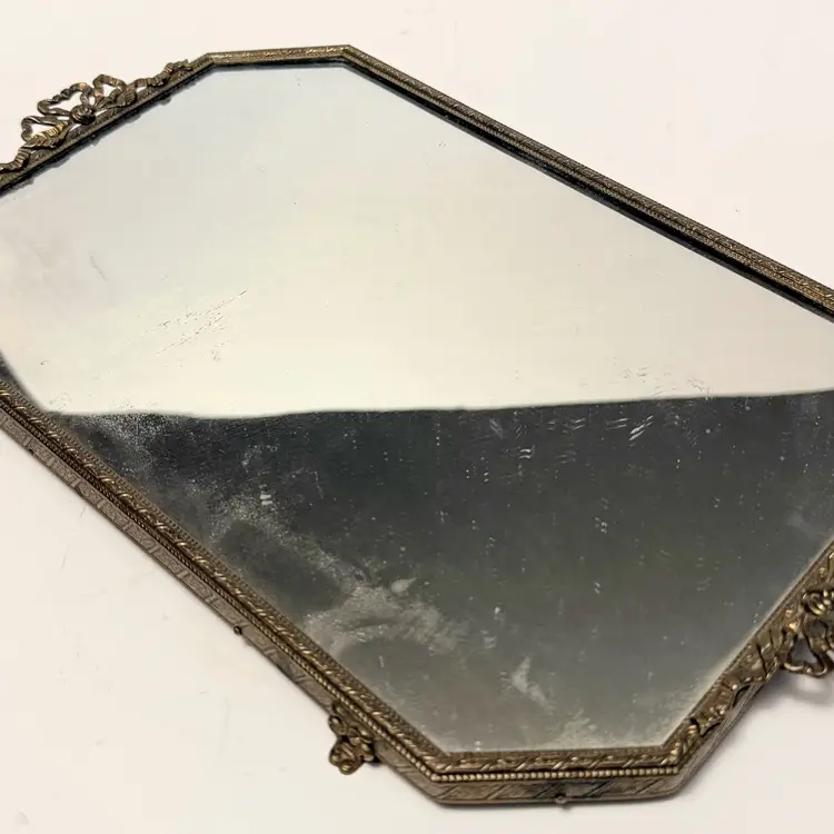 Vtg Hollywood Regency Ornate Mirrored Vanity Tray w/ Fancy Brass Filigree  - 10”