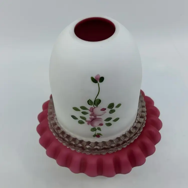 L.G. Wright By Fenton Pink Roses Peach Blow 3 Pc Fairy Lamp 6.75”