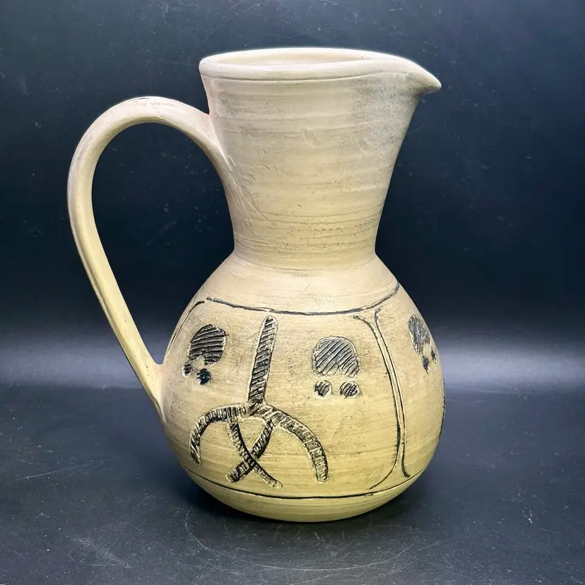 Stoneware Pottery Petroglyphs Pitcher Signed 6.25”