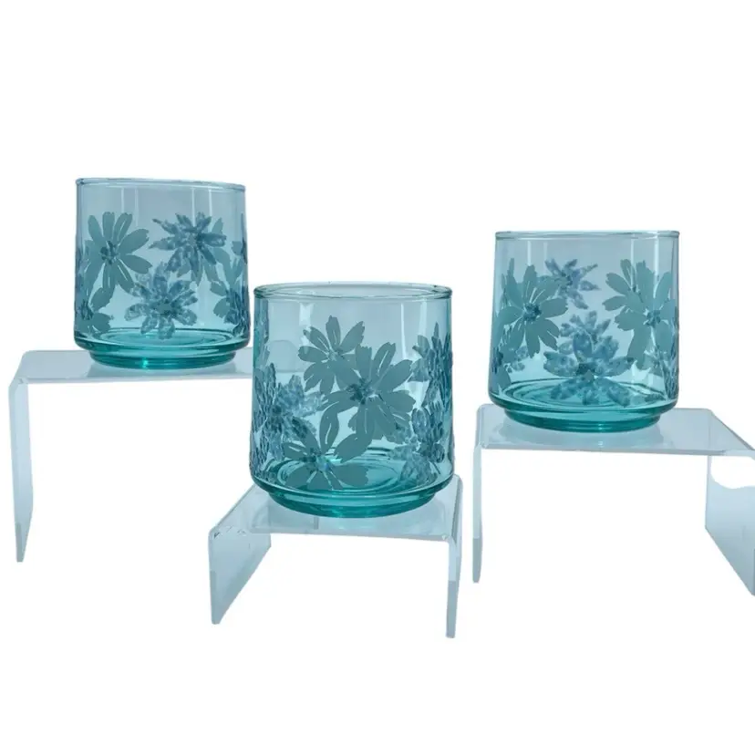 Teal 3D Textured Daisy Patterned Juice Glasses Tumblers Blue Drinkware
