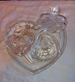 Heart Shaped Glass Vanity Trio With Embossed Roses.