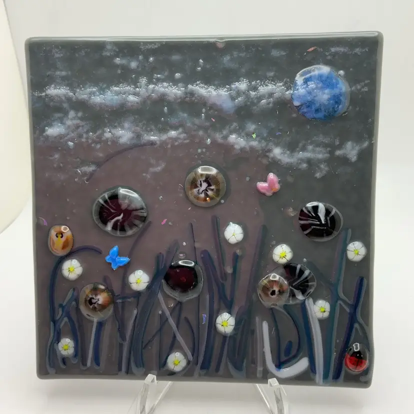 Made by Me! Fused Glass Panel Night Scene 5” 3D Handcrafted Studio Art