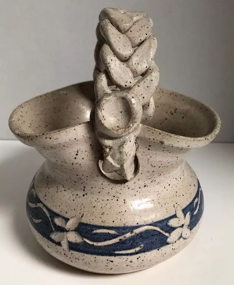 Studio Art Pottery Speckled Basket Braided Handle Marked Linda Martin 94 Georgia