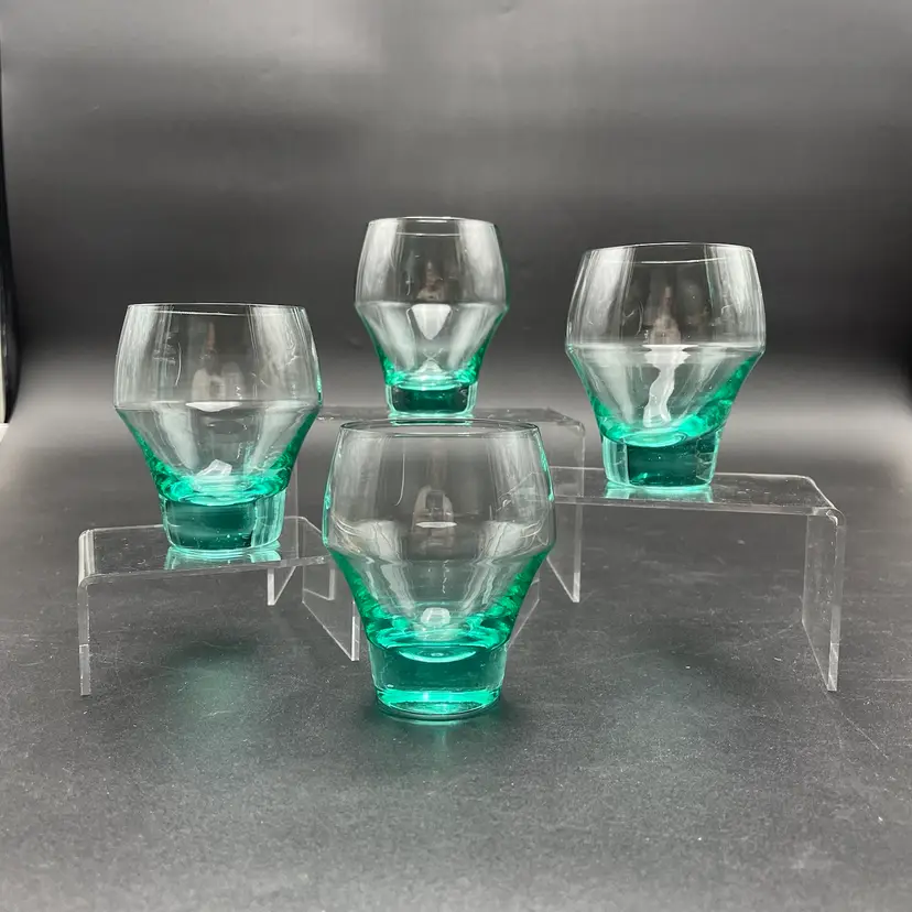 Sasaki Harmoney Aqua 4fl Oz Flat Tumblers Juice Glasses Japanese Set of 4 MCM