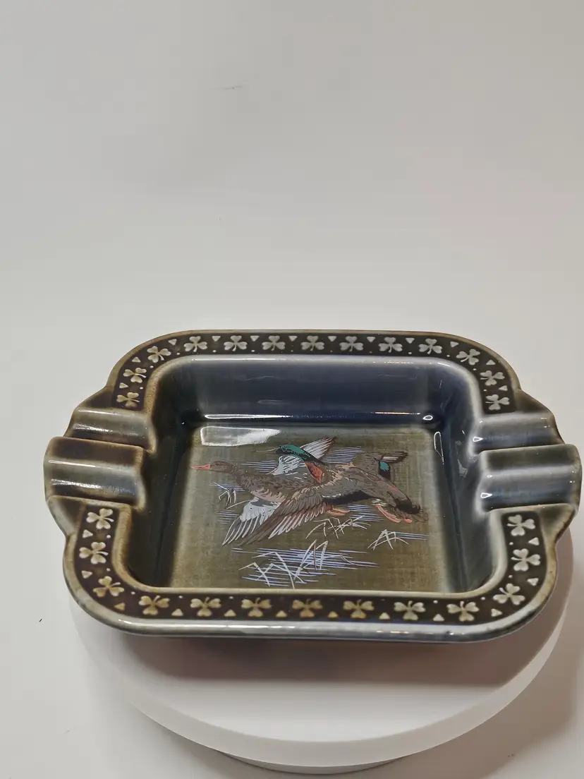 Vintage Wade Irish Porcelain Ashtray Mallard Ducks Clover Green Gray Square
