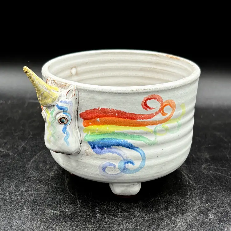 Mudworks Studio Art Pottery Elwood the Gay Pride Unicorn Footed Bowl Cup 20 fl oz Rainbow LGBTQIA+ Pride Signed Effort, PA USA