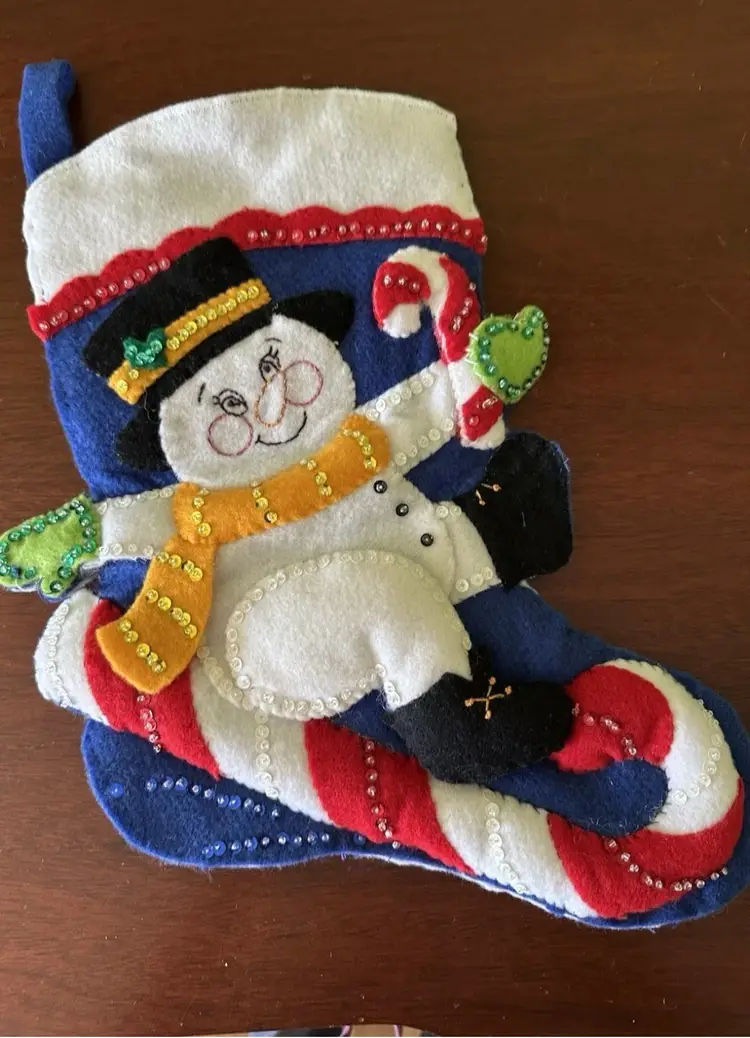 Completed BUCILLA Felt Stocking Snowman On Candy Cane Sequins VTG Christmas 3D