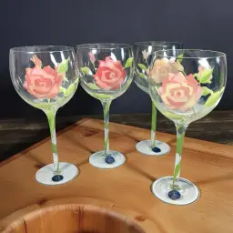 Block Vintage Rose Balloon Wine Glasses Floral Hand Painted Flowers Set of 4