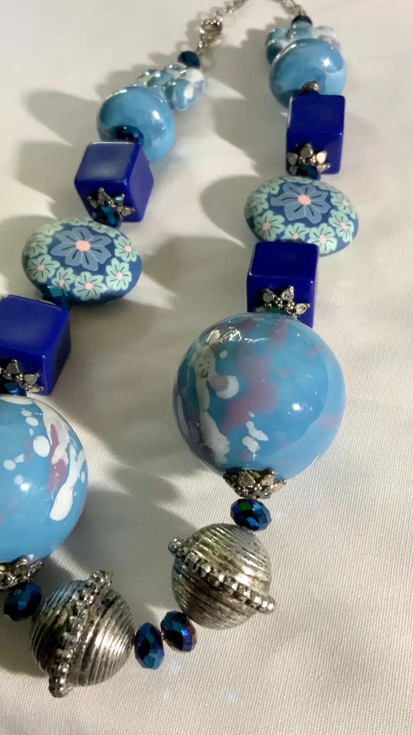 Vintage 20” Chunky Ceramic Polymer Glass And Acrylic Beaded Necklace Costume Jewelry