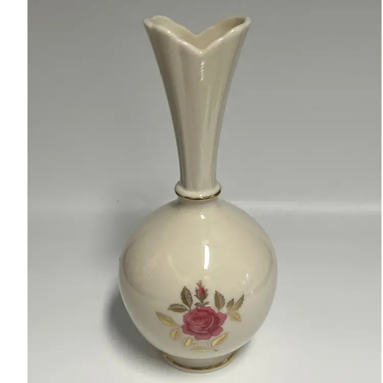 Lenox USA- Rhodora Rose- 7.75” Porcelain Bud Vase- 24k Gold Trim- Bulbous