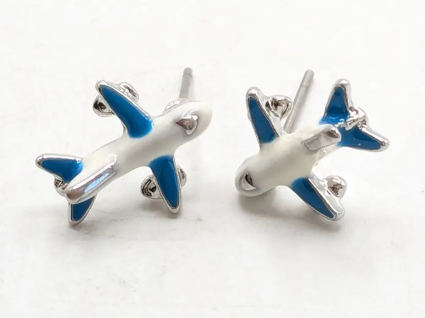 Silver Tone Airplane Stud Pierced Earrings Blue and White