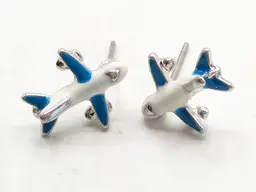 Silver Tone Airplane Stud Pierced Earrings Blue and White