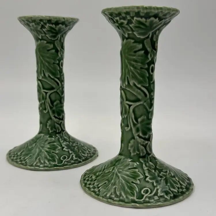 Bordallo Inherit Portugal Green Embossed Vines Candlestick Holders