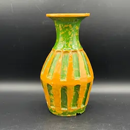 VTG Italian MCM Green & Orange Ceramic Vase Pottery 7" Stamped Italy