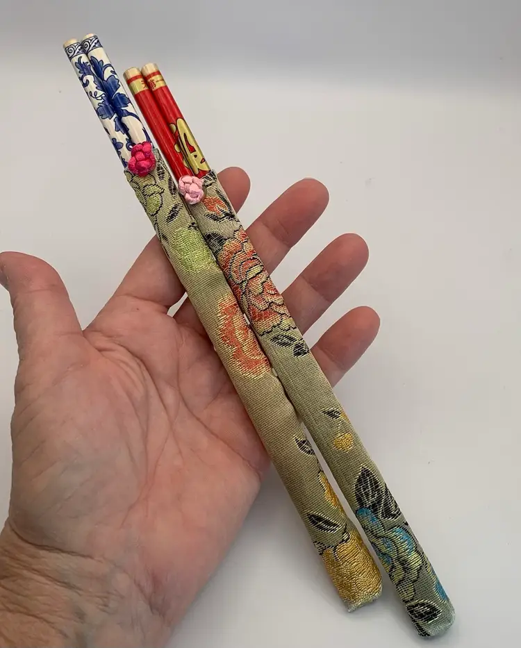 Two Pair Fancy Wood Chopsticks With Fabric Covers (bamboo?)