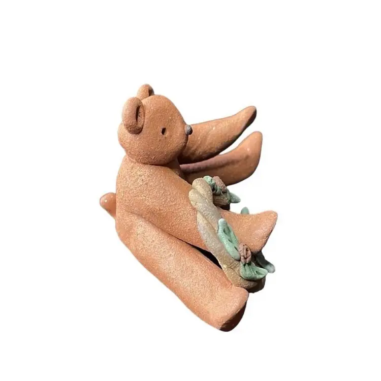 Handmade Clay Pottery Sitting Teddy Bear Wreath Figurine Sculpture Collectible