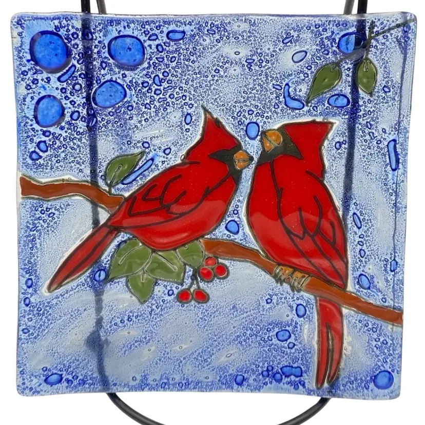 Pampeana Fused Art Glass Square/Trinket Dish, Pair of Cardinals, 5"x5", Ecuador