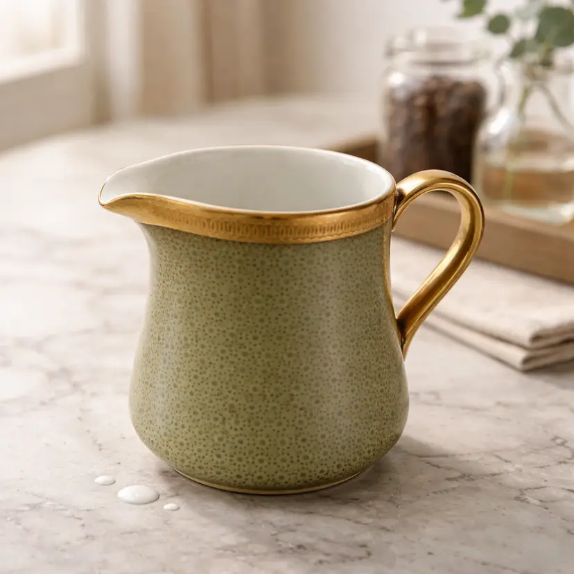 Mikasa Kingsley Green & Gold Fine China Creamer, 4" Tall