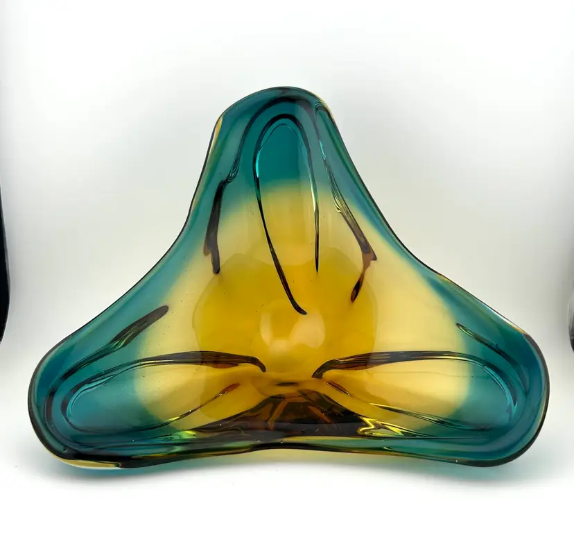 Vintage Murano MCM Amber to Teal  Sommerso Art Glass Ashtray 5” x 8.5” x 3.5” *READ*