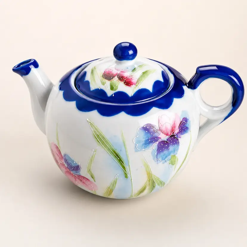 Vintage Nippon Hand-Painted Teapot - Cobalt Blue Scalloped Rim Floral Porcelain - Moriage Gold Accents