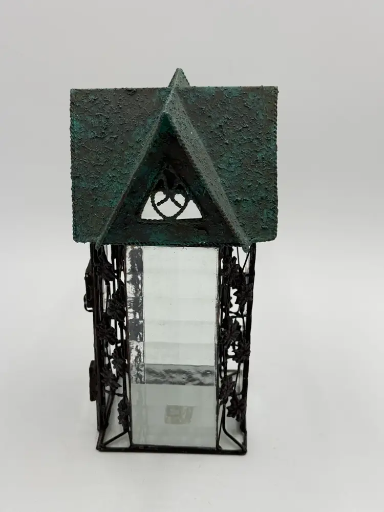 Beveled Clear Glass Devonshire House Candle Holder Lantern With Faux Green Verdigris