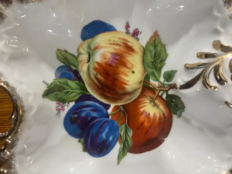 Vintage hand-painted porcelain dish with fruit motif and gold trim. Circa 1950 -8 “