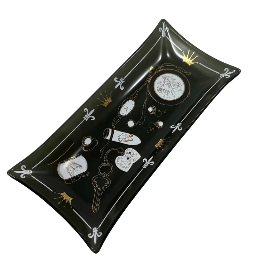 MCM Illustrated Rectangle Glass Trinket Dish, MCM Vanity Tray, Catchall Dish