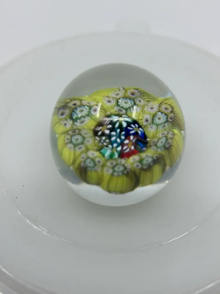 Small Millefiori Handblown Glass Paperweight Yellow Green Red Blue Read More