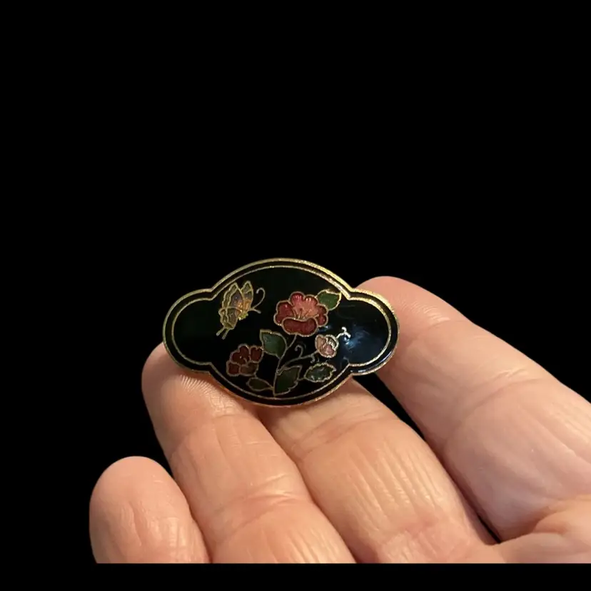 Vintage Cloisonné Scarf Slide. Black Enamel Floral Pattern With Gold Accents.