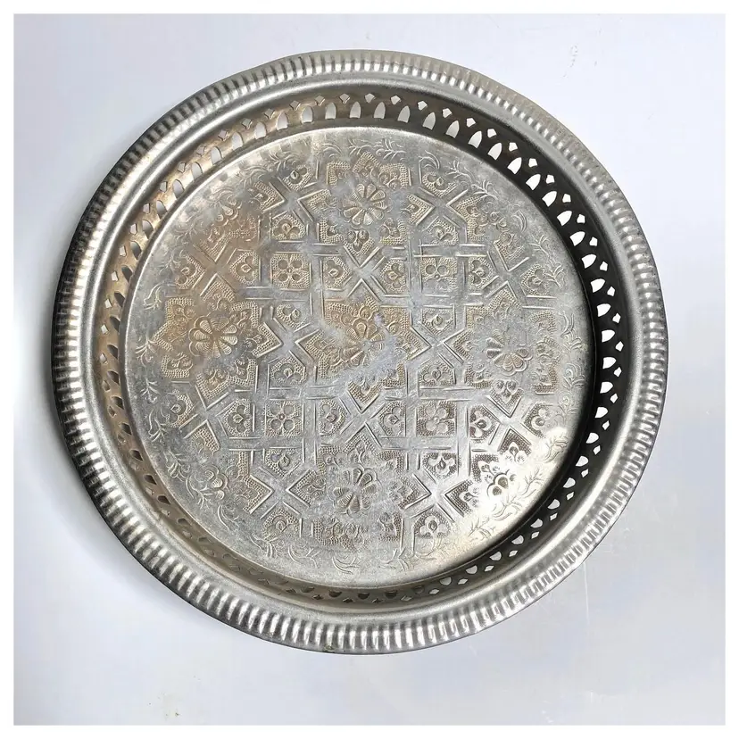 *VTG* Handmade Handcrafted Moroccan Silver Plated Brass Tray