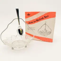 Vintage Jam Relish Set Stand Spoon Nut Dish Glass Chrome Original Box B25