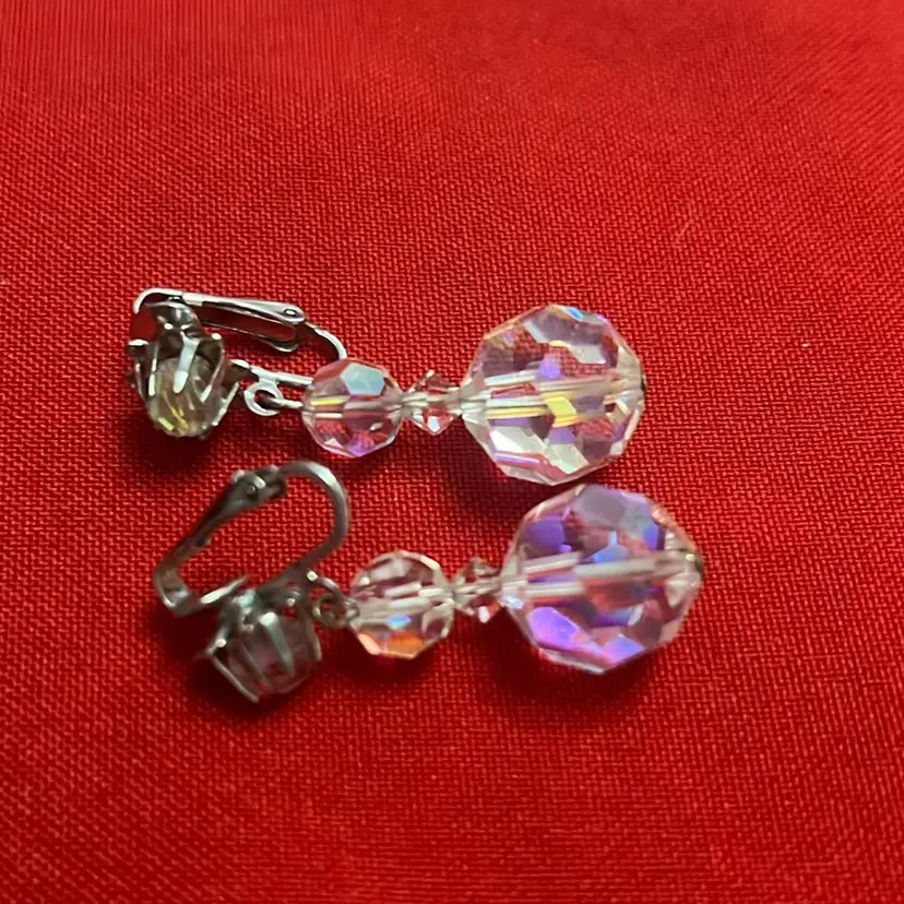 Vintage 1.5” Drop AB Crystal, Clip Back Earrings