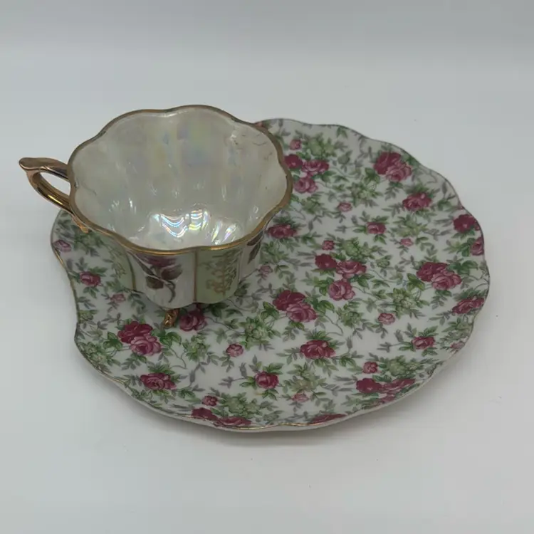 #3720 Vintage fine China porcelain dish And Cup with pink roses and green leaves.