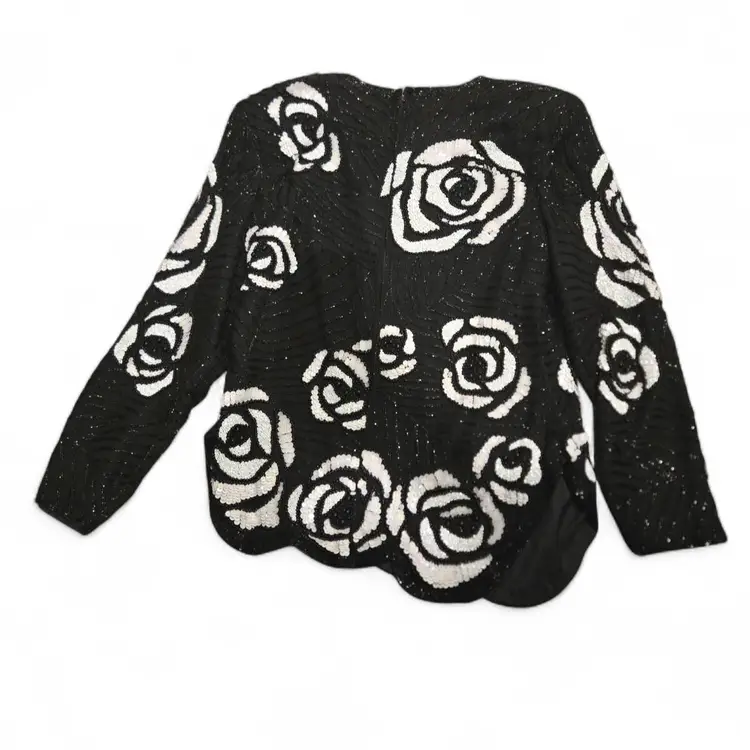 Vintage Patra 10 Sequin & Beaded Blouse Top Black & White, Retro Floral Silk Top