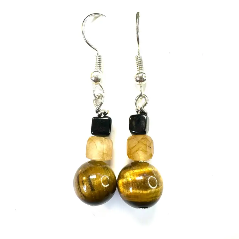 Tigers Eye Brown Black Stone Beaded Handmade Dangle Earrings Silver Tone 1.5”L Made By Me