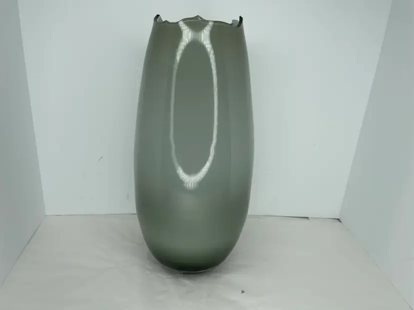 Vintage Lazy Susan Smokey Sage Grey Art Glass Vase 14” Original Sticker 1980s