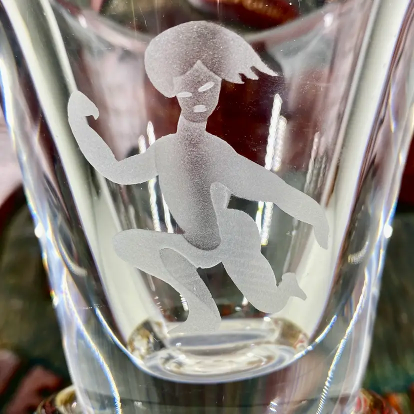 ORREFORS Etched CRYSTAL VASE/Toothpick Holder VTG 60s Male HAWAIIAN Tiki Dancer